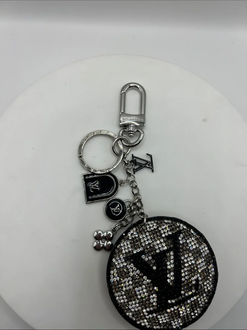 1450. Black and Silver Crystal Monogram Round Key Charm